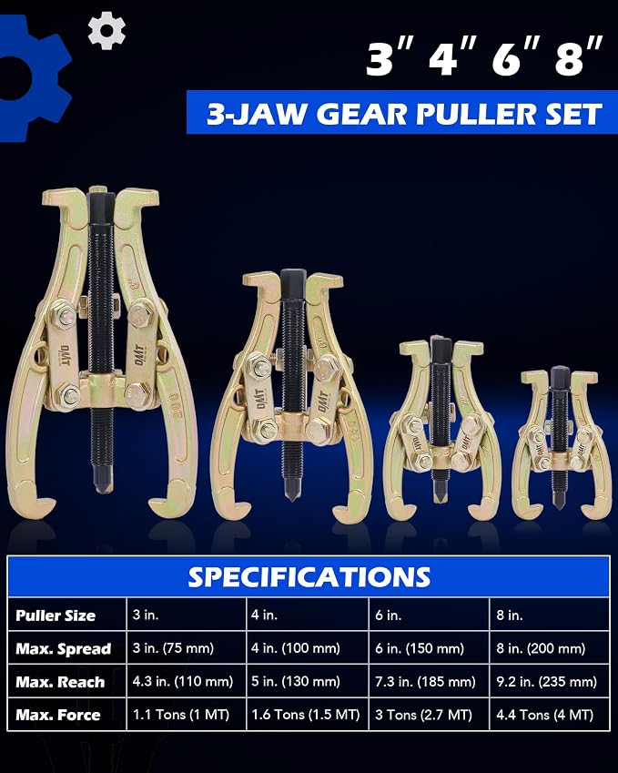 Orion Motor Tech Gear Puller Set, 3" 4" 6" 8" 3 Jaw Puller Kit for Pulley Gear Bearing Flywheel Removal, Heavy Duty Pulley Puller with Reversible Jaws 4 pcs Bearing Puller Tool Kit