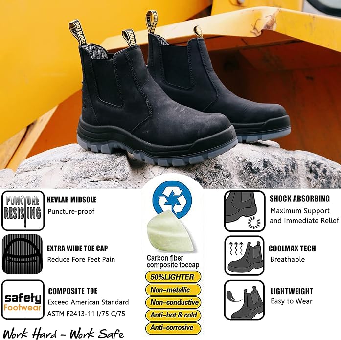 Work Boots for Men, Composite/Soft Toe Waterproof Working Boots, Slip Resistant Anti-Static Slip-on Safety Working Shoes 8 9 10 11 12 13