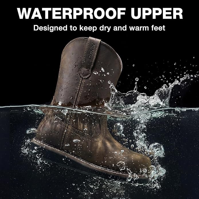 NINGO Soft/Steel Toe Work Boots for Men, Waterproof & Slip Resistant Wellington Leather Boots, Pull On Design, EH Protection with Goodyear Construction Shoes for Industrial, Farm & Welding