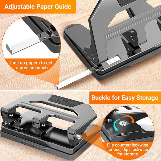 AFMAT Heavy Duty 3 Hole Punch, 40-Sheet Three Hole Puncher for Binder, 50% Reduced Effort Paper Punch, 10K+ Uses, Office Metal Hole Puncher 3 Ring w/Large Tray, Bulit-in S.S. Paper Guide, HPX2(Gray)