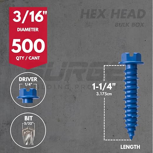 3/16" x 1-1/4" Hex Head Blue Concrete Screw Anchor with Drill Bit & Driver (Box of 500) | Masonry Screws for Concrete, Block, and Brick