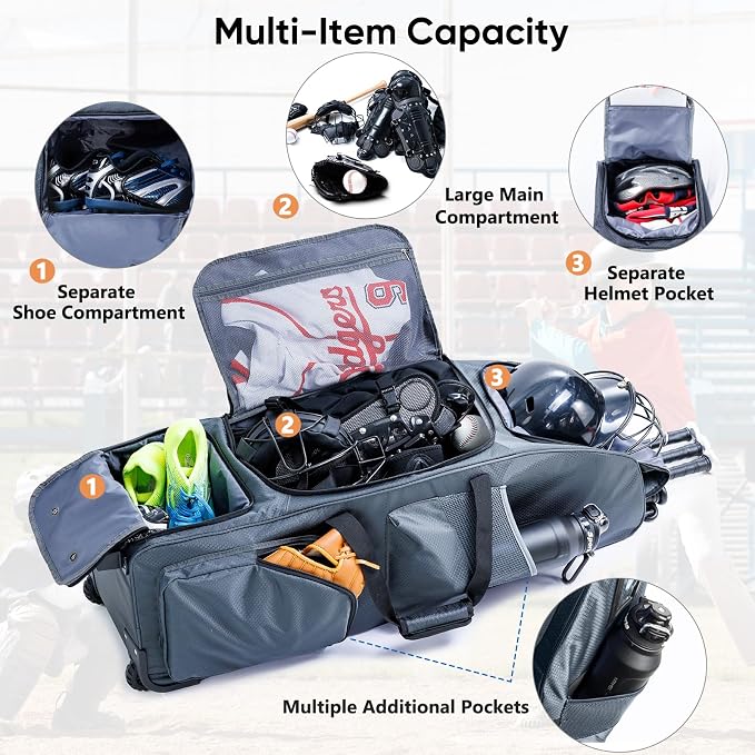 Large Rolling Baseball Catchers Gear Bag with Wheels, Softball Bag with Hard Backing for 4 Bats,Equipment Bag with Separate Shoe & Helmet Compartments, Youth Baseball Bag with 360° Spinner Wheels