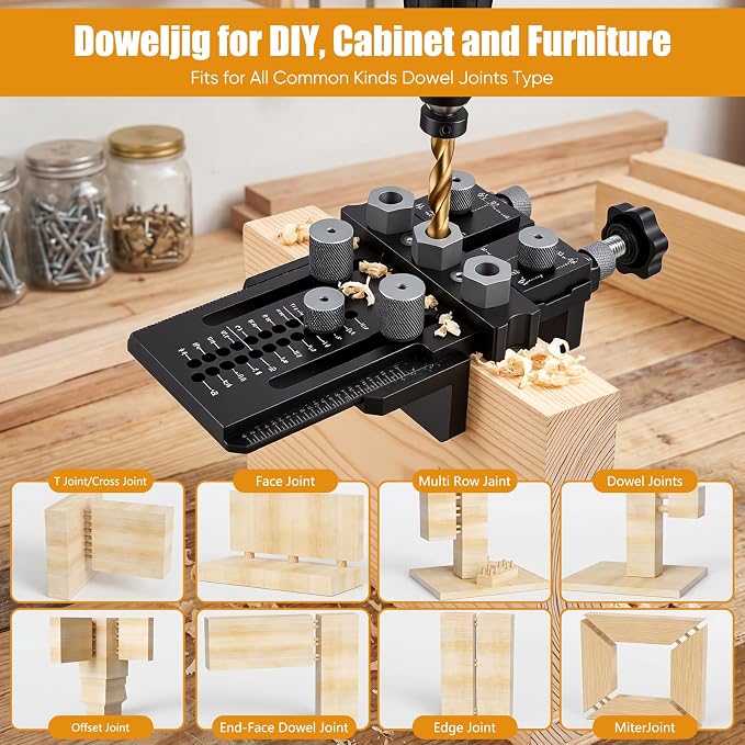 Dowel Jig Kit with Quick Positive Stop & Clamp, Adjustable Doweling Jig for 1/4", 3/8", 1/2" Drill Bits, Accurate Straight Holes for Any Thickness Wood Joints, Cabinet & Furniture