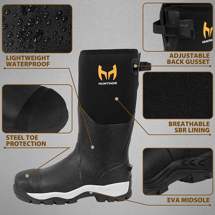 Rubber Work Boots for Men with Steel Toe, 400g Insulated, 1100N Puncture-Proof Hunting Boots with 7mm Neoprene Waterproof and EVA Midsole, Back Gusset, Ideal for Work,Farming Fishing Size 7-14