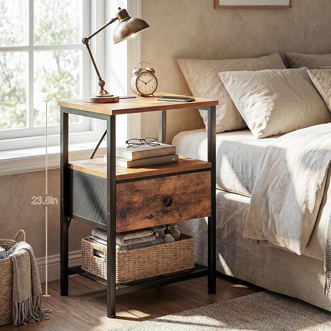 LOAKEKEL Night Stand, Nightstand with Charging Station, Slim Industrial Bedside Table with Fabric Drawer, Small End Table with USB & Type-C Ports for Bedroom, Brown, HETS010BR-1