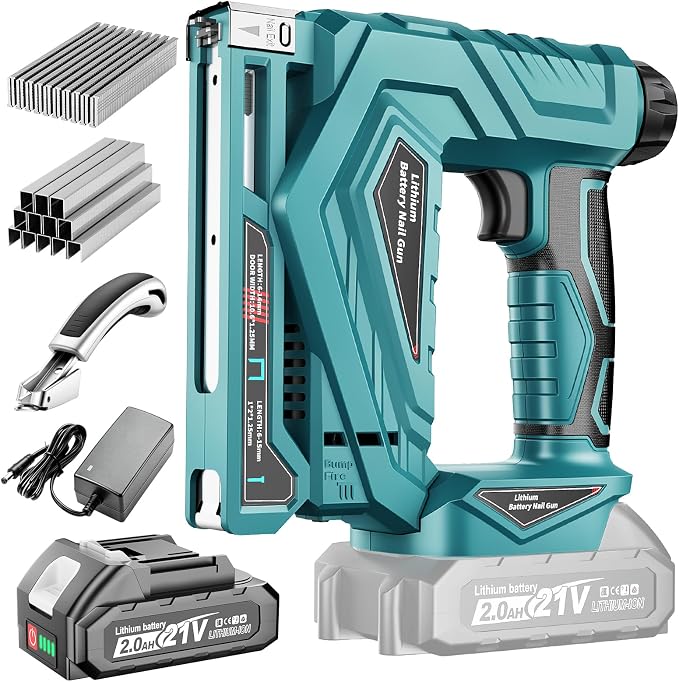 3/8” Electric Staple Gun, 18GA 2 in 1 Cordless Nail Gun/ T50 Crown Stapler with 2000 Brad Nails and Staples, 2 Firing Mode & Force Adjustment, for Upholstery and DIY