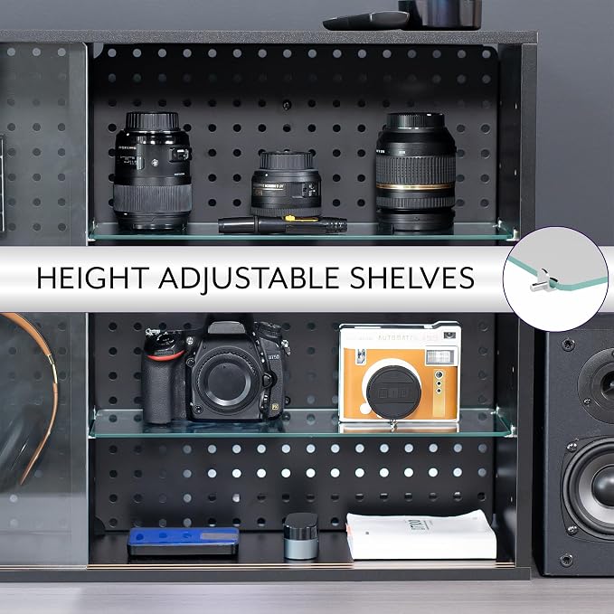 Life Finds Pegboard Cabinet with Glass Door, Wall Mounted or Freestanding Storage Display Case, Black, LF-GDPC1