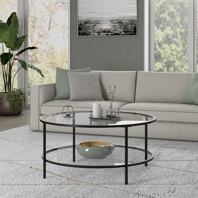 Henn&Hart 36" Wide Round Coffee Table with Glass Top in Blackened Bronze, Modern coffee tables for living room, studio apartment essentials