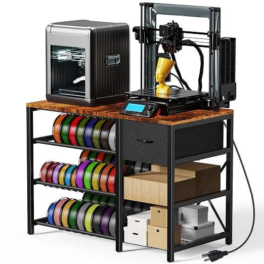 3D Printer Stand with Filament Storage Rack, 3D Printer Table with Power Outlet, 3-Tier Filament Holder with Drawer, 3D Printer Filament Stand Organized for Office Workshop Studio Office