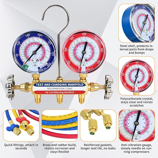 42036 Manifold Gauge Set, A2L Compatible, 3-1/8" (80mm) Anti Vibration Gauges, 60" Y/R/B Refrigerant Hoses, 1/4" Fittings, 2 Valve, for HVAC Test and Charging of R-32, R-454B, R-410A, R-1234yf