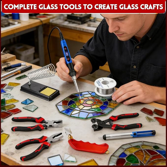 YOTINO Glass Cutters Tools,43PCS Stained Glass Tools with Glass Nippers Glass Running Pliers Breaking Pliers Oil Feed,80W Soldering Iron, Solder Wire