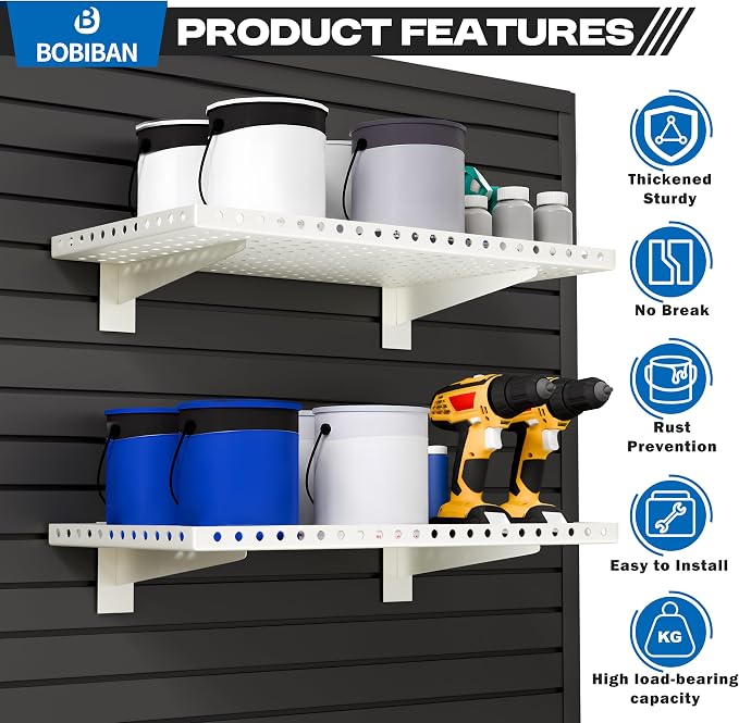 4 Pack Slatwall Shelves, Heavy Duty White Metal Slat Wall Shelf for Retail, Garage, Home Storage, 110 lbs Load Capacity, Universal Slatwall Accessories(14 x 24 Inch-4, White)