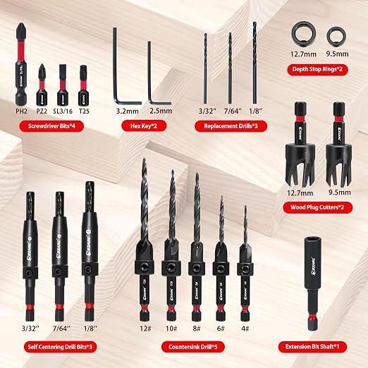 EZARC Countersink Drill Bit Set, 22PCS Counter Sink Drill Bit for Wood with Self Centering Drill Bits, Wood Plug Cutters,Screwdriver Bits, Magnetic Extension Bit Holder, 1/4" Hex Shank & Storage Box