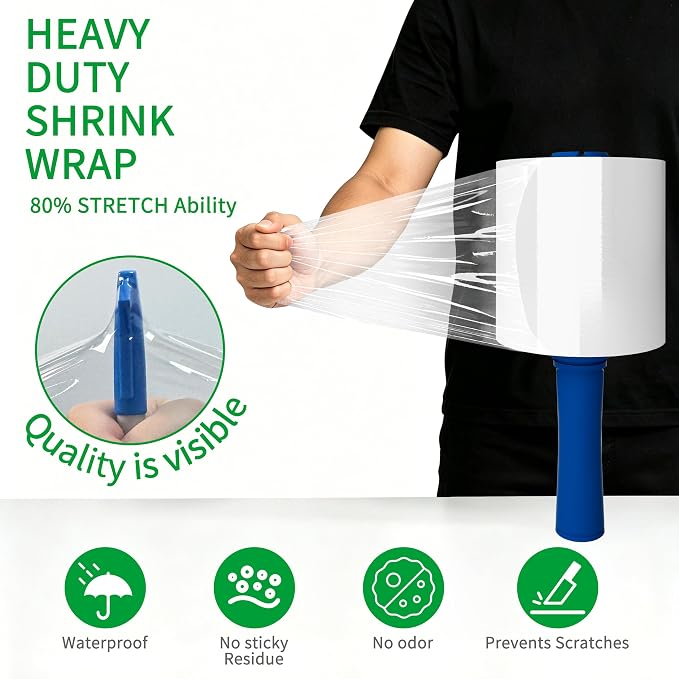 6Pack 5in x1000Ft 80Gauge Mini Stretch Wrap Heavy Duty 800%Stretch 2Handles | stretch wrap Film-800% stretch secures pallets,furniture & fragile items firmly,perfect for moving,storage,warehouse,shipping
