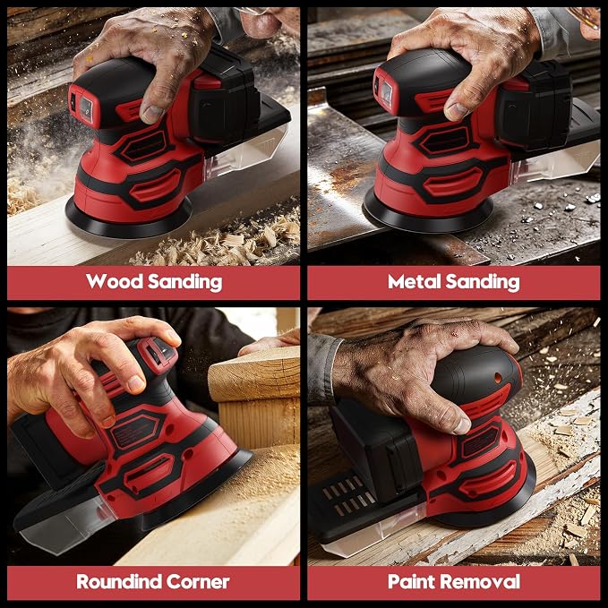 Cordless Random Orbital Sander for Milwaukee 18V Battery, Brushless 6-Speed (6000-12000 OPM), 125mm Pad, Dust Collection & 12pcs Sandpapers (#80/#120/#240) (Battery Not Included) (Red)