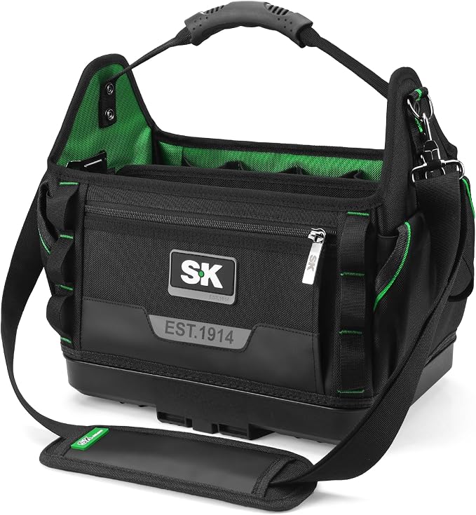 SK 15-Inch Open Top Tool Bag, 1680D Fabric Tool Tote with Waterproof Hard Base, Padded Shoulder Strap & Sturdy Handle, Heavy Duty Stackable Bag Organizer with 28 Pockets, 12 Webbing Loops