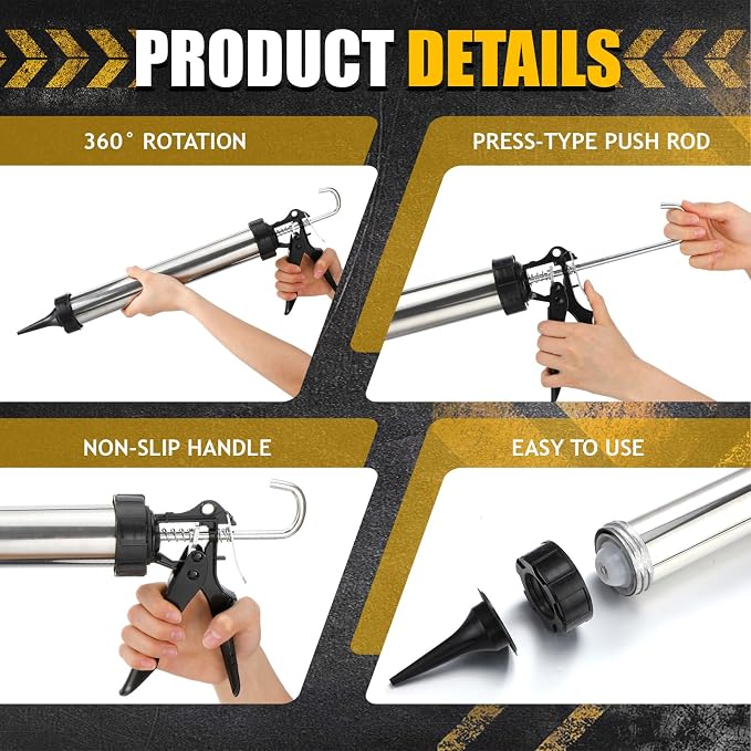 4 Pack Sausage Caulking Gun, 20 oz Stainless Steel Caulk Gun with 4 Cone Nozzles, 18: 1 Thrust Ratio, Heavy Duty Caulking Tools for Construction, Bathroom, Window