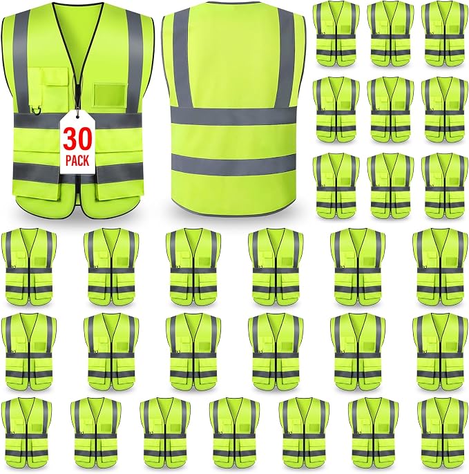 Safety Vests,Hi Vis Vest Reflective Vest with 5 Pockets and Zipper for Men Women, Neon Working Vest for Outdoor One Size