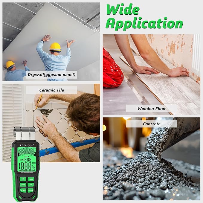 RDINSCOS Pinless Moisture Meter Non-Invasive Digital Moisture Detector | For Wood, Cement, Floors, Drywall, Concrete and Plaster, 40mm Depth, REF Mode, Backlit LCD