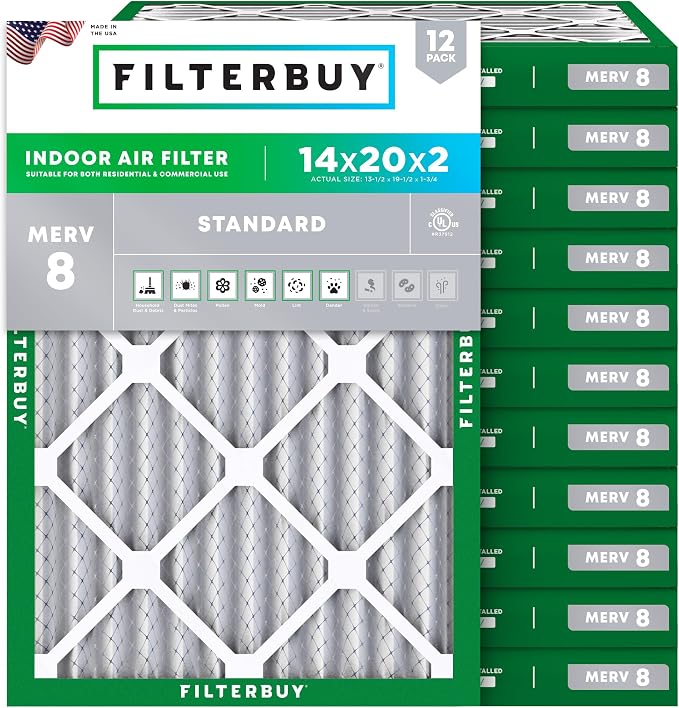 Filterbuy 14x20x2 Air Filter MERV 8 Essential Dust & Allergy Defense (12-Pack), Electrostatic Pleated HVAC AC Furnace Filters Replacement, Made in USA (Actual Size: 13.50 x 19.50 x 1.75)