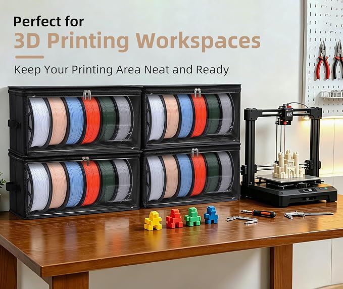 Filament Storage Box, 4 Packs Hold Up to 24 Rolls | 3D Printer Filament Storage Container with Front Support Frame, Desiccant, 3D Printer Accessories for Home, Office, Studio