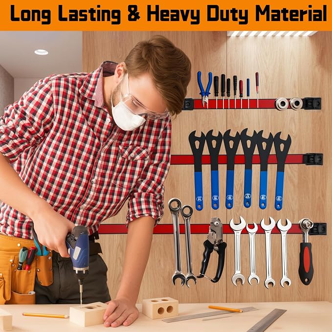 24" Magnetic Tool Holder Strip, 4 Pieces Red Metal Tool Organizer Rack with Stainless Steel Surface, Magnet Bar for Garage Workshop, Easy To Install with Mounting Screws