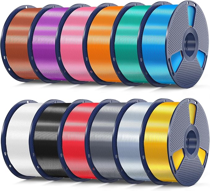 SUNLU 12KG 3D Printer Silk PLA Filament Bundle, Silk Filament 1.75mm+/- 0.02mm, 1KG Spool(2.2 LBS), Total 12KG, Light Gold+Silver+Black+White+Grey+Red+Blue+Green+Orange+Pink+Purple+Red Copper