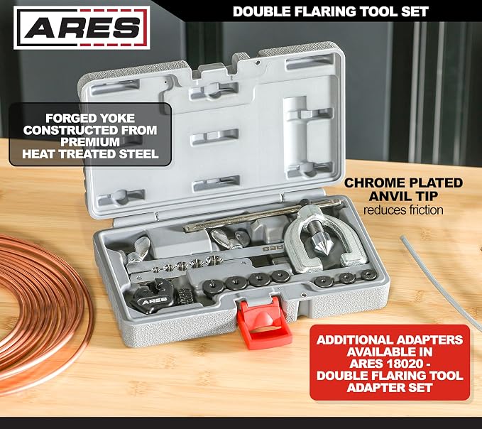 ARES 18019 - Double Flaring Tool Set with Extra Adapters- Use on Copper, Aluminum, Soft Steel Brake Line and Brass Tubing - Includes Mini Tubing Cutter and Storage Case