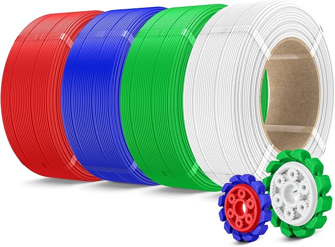 SUNLU PLA+2.0 3D Printer Filament Refill 1.75mm, 4 Packs, 4KG | Stronger PLA+ Filament, No Spool Refill, Compatible with Bambu Lab 3D Printers, White+Green+Klein Blue+Red