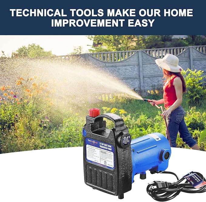 TecHome 1/2 HP Cast Iron Transfer Pump, 120V 1560GPH Water Pump, High Pressure Transfer Pump with Suction Strainer and Brass Connectors.