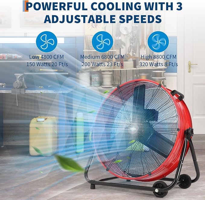 Garvee Industrial Floor Fan 24 in, Heavy Duty Drum Fan with Adjustable 3 Speed 4800-8800 CFM Cooling, Metal Blades & 360° Rotation for Industrial Commercial Space, Garage, Warehouse, Workshop