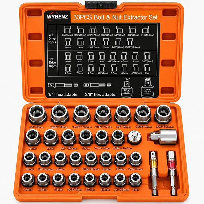 33 PCS Bolt Extractor Set, 3/8" & 1/4" Drive Impact Bolt & Lug Nut Remover Socket Tool Kit, Stripped Bolt Extractor Set, Screw Extractor For Broken,Damaged, Frozen, Studs, Rusted, Bolts, Nuts & Screws
