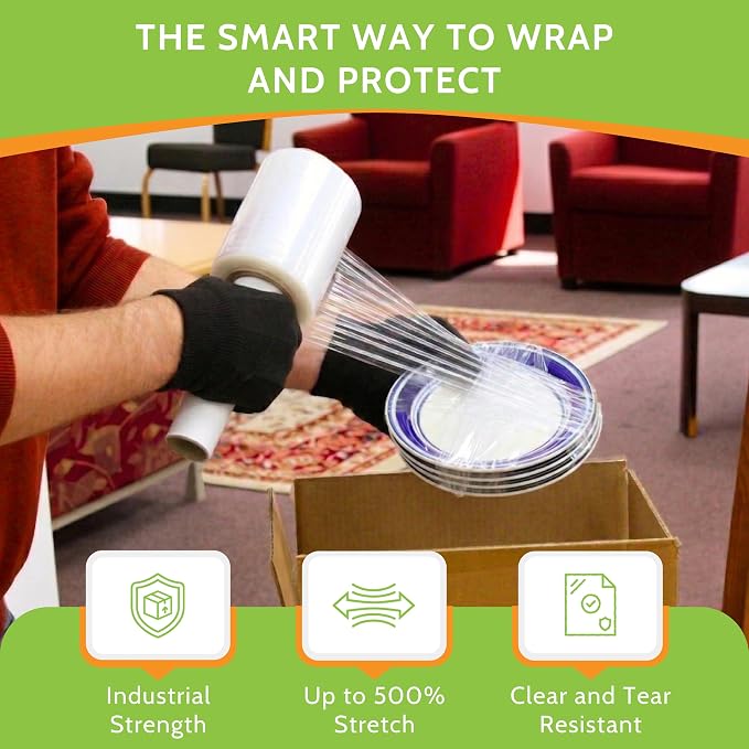 PSBM Mini Plastic Stretch Wrap Film with Handles 5"x1000' 80 Gauge 12 Rolls | Extended Core Handles, Heavy Duty Upto 500% Strength Plastic Shrink Film for Moving, Packing, Shipping & Industrial Packaging