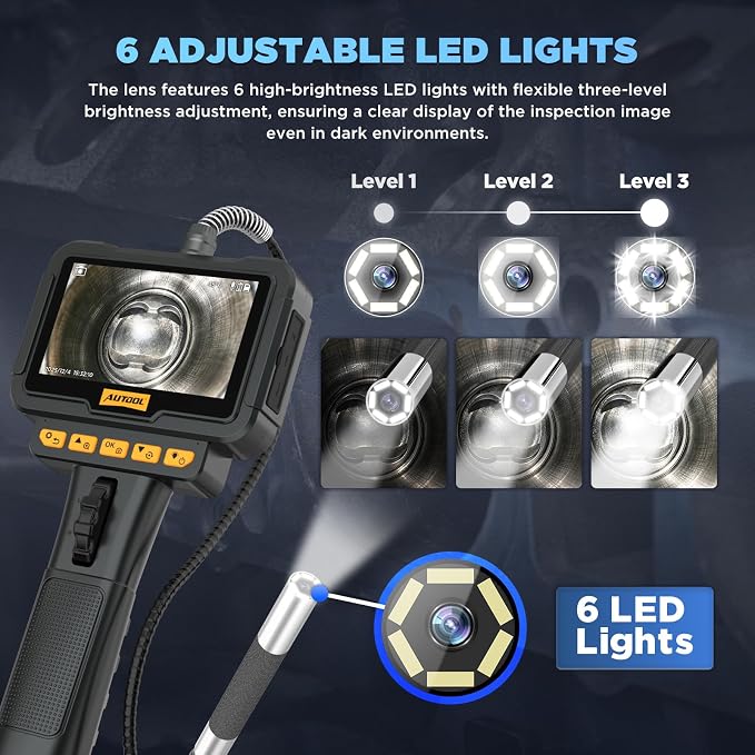 AUTOOL Two-Way 210°Articulating Borescope with Light Endoscope Camera | 6.25mm Lens IP67 Waterproof 1M Cable Photo Video Record