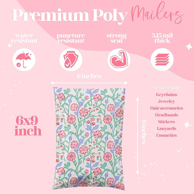 6x9 Designer Poly Mailer 100 Pack Heavy Duty Waterproof Self Seal Shipping Bags for Small Business Large Mailing Envelopes Bulk Tear Resistant Packaging Garden Party Spring Flowers