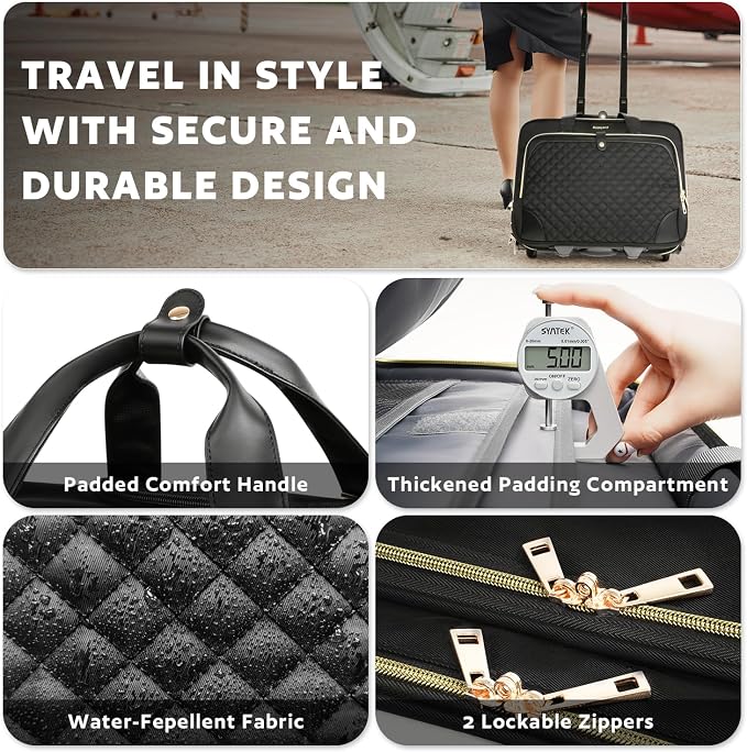 Arcoyard Rolling Laptop Bag, Rolling Briefcase for Women with Waterproof Pocket, 16 Inch Computer Bag, Underseat Carry On Luggage with Wheels for Work Travel Business, Lightweight Black