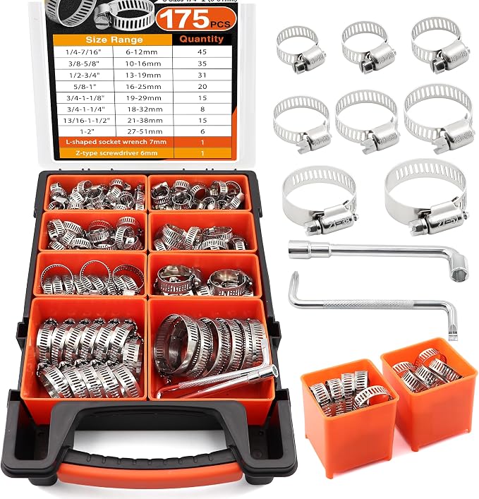 175Pcs 304 Stainless Steel Worm Gear Hose Clamps Kit | 1/4"-2" Adjustable Clamps for Auto, Plumbing & Garden,Stop Leaks Instantly,Free Wrench & Screwdriver Included