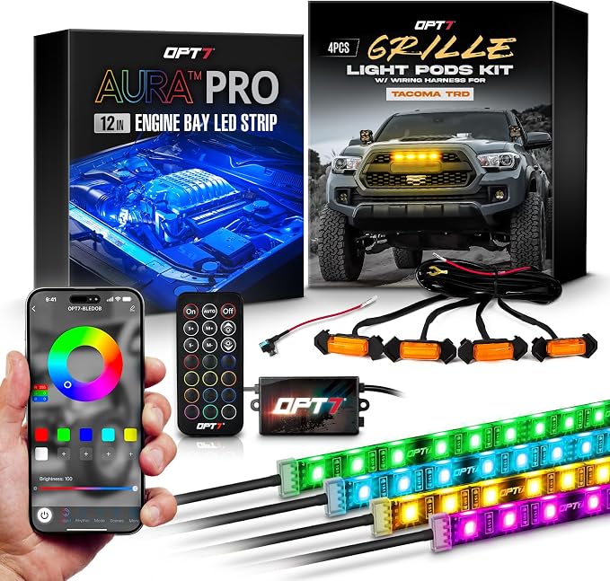 OPT7 Amber Grille Lights & Multicolor 12" Engine Bay Lignts Bundle Kit for Tacoma TRD 2016-2023, Truck Front Grill Lighting Pod, Under Hood LED Strip Decoration