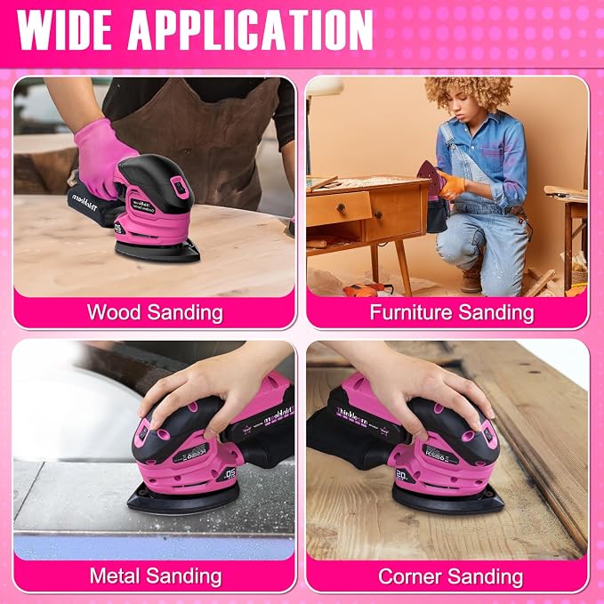 THINKLEARN Cordless Detail Sander with 2Pcs Batteries and Charger, 20V Electric Hand Sander with 22Pcs Sandpapers & Dust Collection System, Palm Sanding Tool for Woodworking, Polishing Wood Furniture