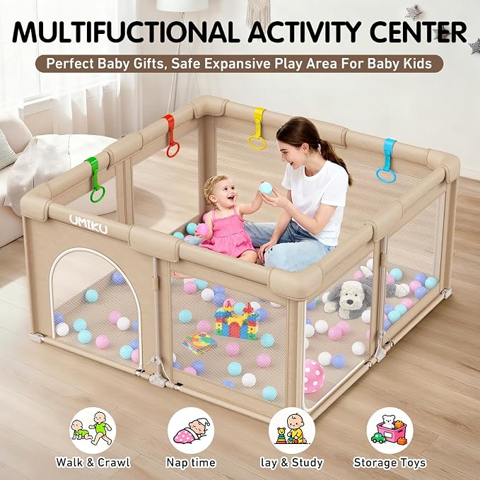Baby Playpen Foldable Playpen for Babies and Toddlers, Large Playpens Portable Play Pen Play Yard for Kid Fence Indoor Outdoor Travel 4 Handlers 50 Balls Baby Newborn Infant Gifts 50"X50" Khaki