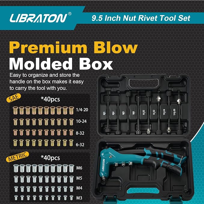 LIBRATON 9.5" Rivet Nut Tool, One-Handed Rivet Nut Gun, Hand Rivet Nut Tool Kit with 80PCS Threaded Rivet Nuts, 8PCS Interchangeable Mandrels, Metric M3-M6, SAE 6-32" to 1/4-20", with Carrying Case