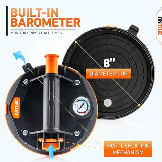 Glass Suction Cup Lifter 265 lbs Each / 530 lbs Combined – 2 Pack 8” Heavy Duty Vacuum Suction Cups with Pressure Gauge | Manual Glass & Tile Lifting Tool for Installation