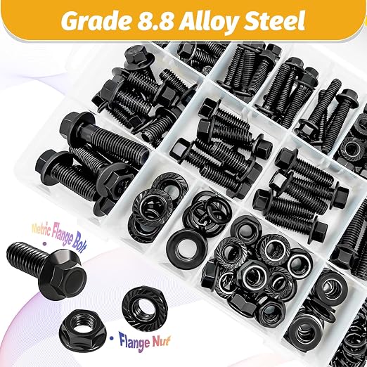 Kadrick Metric Flange Bolt Assortment. 300Pcs M6 M8 M10 Bolt Kit,M6 x1.0 M8 x1.25 M10-1.25 (12mm to 35mm) Hex Bolts Nuts and Washers Kit,Black Zinc Plated