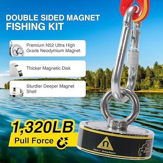 1320LB’s Complete Magnet Fishing Kit | Double Sided Fishing Magnet Kit with Case | Includes Strong Neodymium N52 Magnets, Durable 65ft Rope, Carabiner, Gloves, Grappling Hook & Carry Case