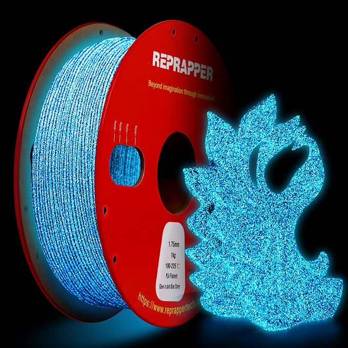 RepRapper Glitter Glow in The Dark Blue 3D Printer Filament, Shiny Galaxy 1KG PLA Filament (2.2lbs) 1.75mm, Sparkle Laser Series 3D Printing Filament for 3D Printer