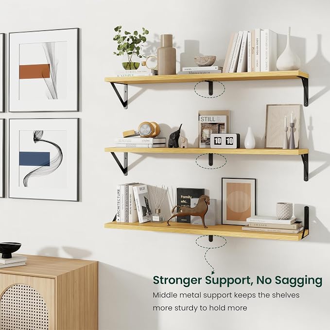 Floating Shelves 8 Inch Deep, 36W x 8D Wall Shelf Set of 2, 60 lbs Heavy Duty Reversible Metal Brackets, Industrial Book Shelf for Living Room Kitchen Bathroom Bedroom Gallery Wall, Oak