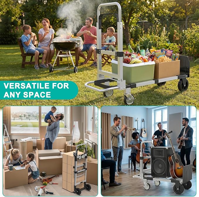 3 in 1 Aluminum Hand Truck Foldable, 500 lbs Convertible Dolly, Collapsible Dolly Cart with 4 Rubber Wheels, Portable Trolley with Retractable Handle for Moving/Office/Home/Warehouse(Black Silver)