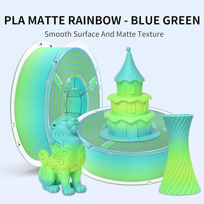 RAMBERY Matte Rainbow 3D Printing Filament Fast Color Change, Multi-Color PLA Filament for Most FDM 3D Printer, 1.75mm 1kg(2.2lbs), Matte Rainbow Blue-Green