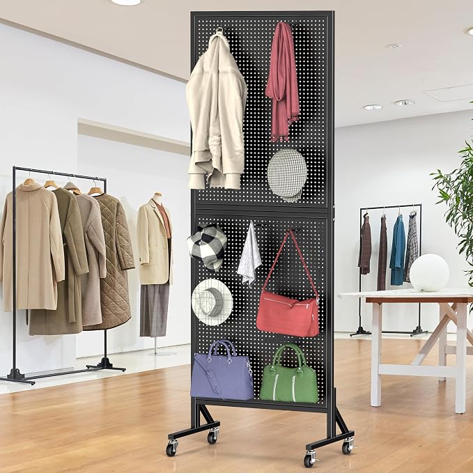 Folews 24″ x 70″ Pegboard Display Stand, Freestanding Metal Peg Board Display with 30 Hooks & Wheels Portable Standing Pegboard Rack for Vendor Retail Craft Show Fair Garage DIY, Black