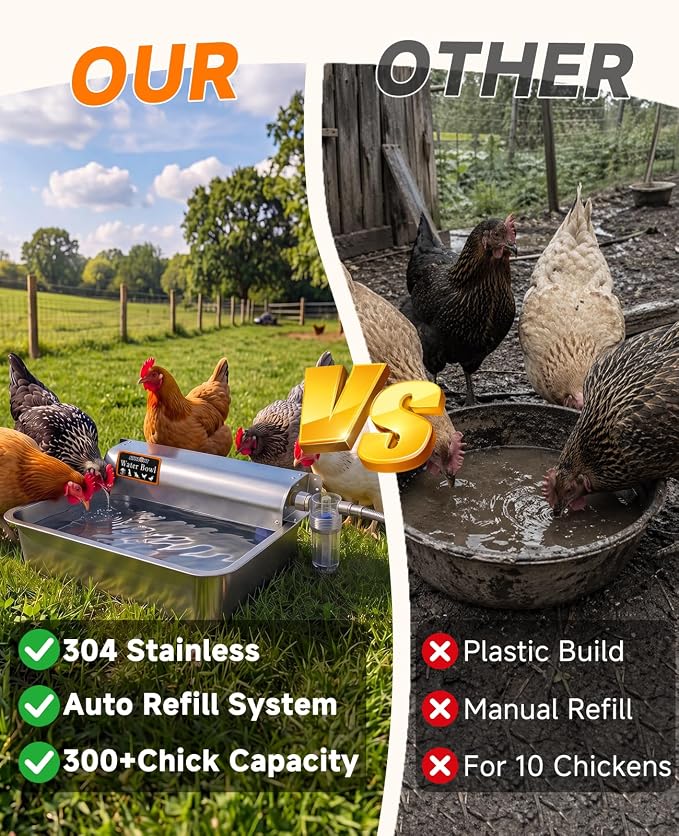 3 Gallon Automatic Chicken Waterer, Real 304 Stainless Steel Metal Poultry Waterer with Upgraded Float Valve, Extra Filter, 1.5M Hose (Stainless Steel Auto Waterer Set)